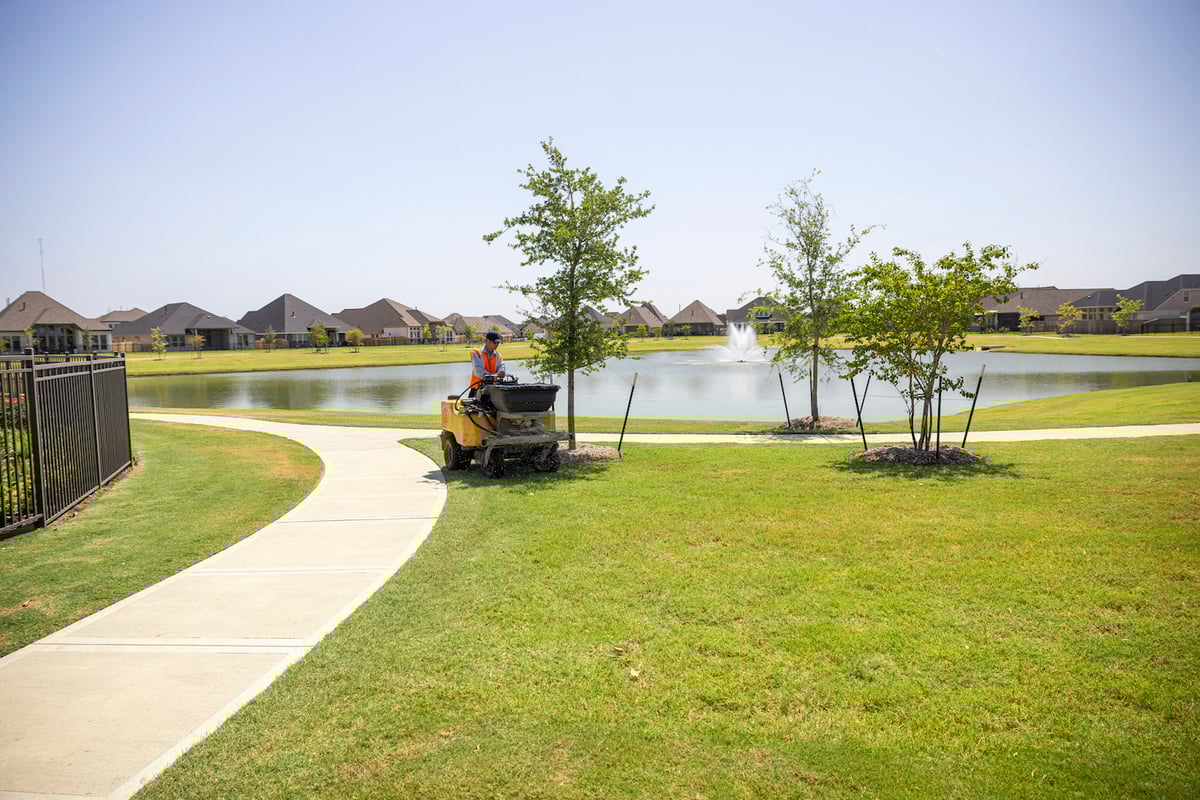 lawn care technician fertilizes grass